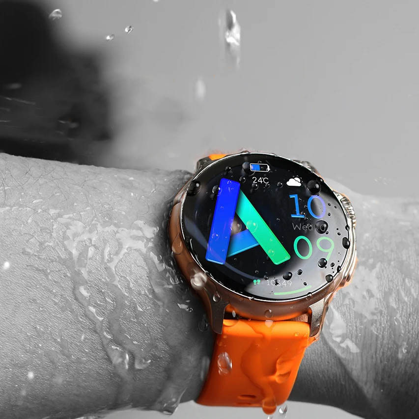 Wodoodporny smartwatch Hagen HC54 na nadgarstku mężczyzny wystawiony na działanie wody, z kolorowym wyświetlaczem pokazującym temperaturę i czas.